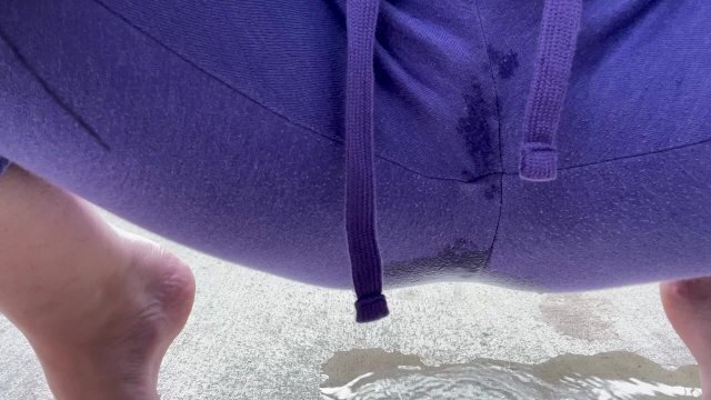 Holding while Sweeping Girl Wetting Pants Balcony desperation sweatpants