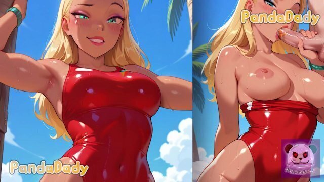 Lifeguard wears Hawaiian flowery clothes, very breasts