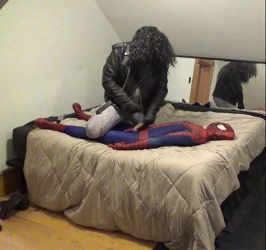 1980's long haired metal head fucks dummy spiderman suit