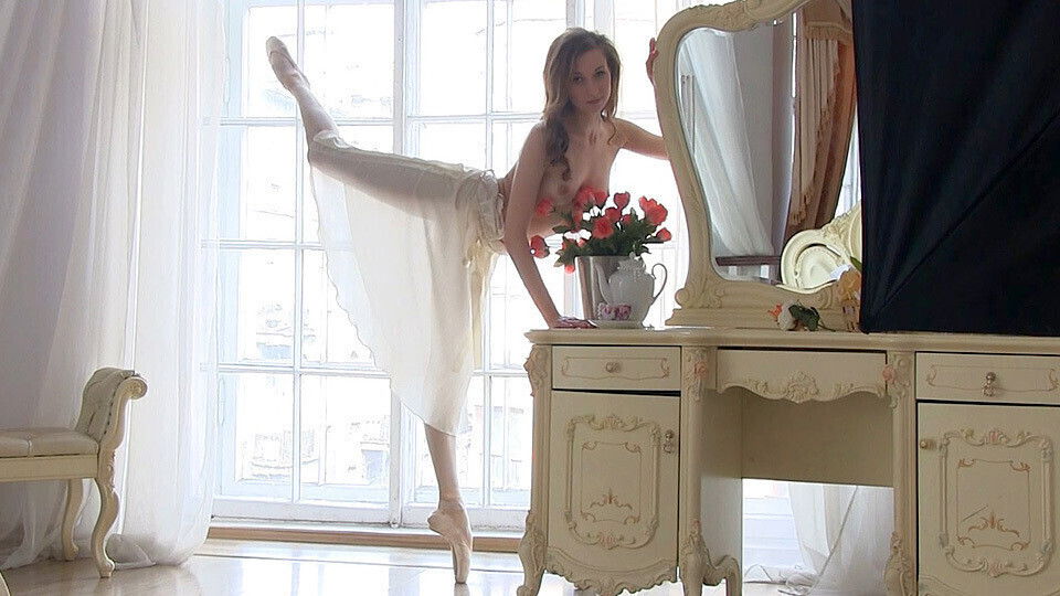 Flawless nude ballerina Annett warms before photo shoot starts pose topless. Part