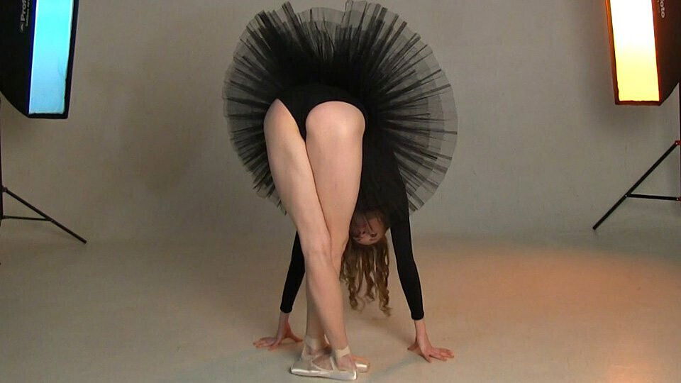 Flawless beauty ballerina Annett with flexible magnificent female body poses black stage costume. P-1(6)
