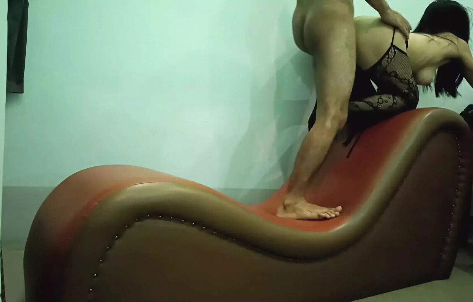 wife with fishnet stocking hardcore sofa