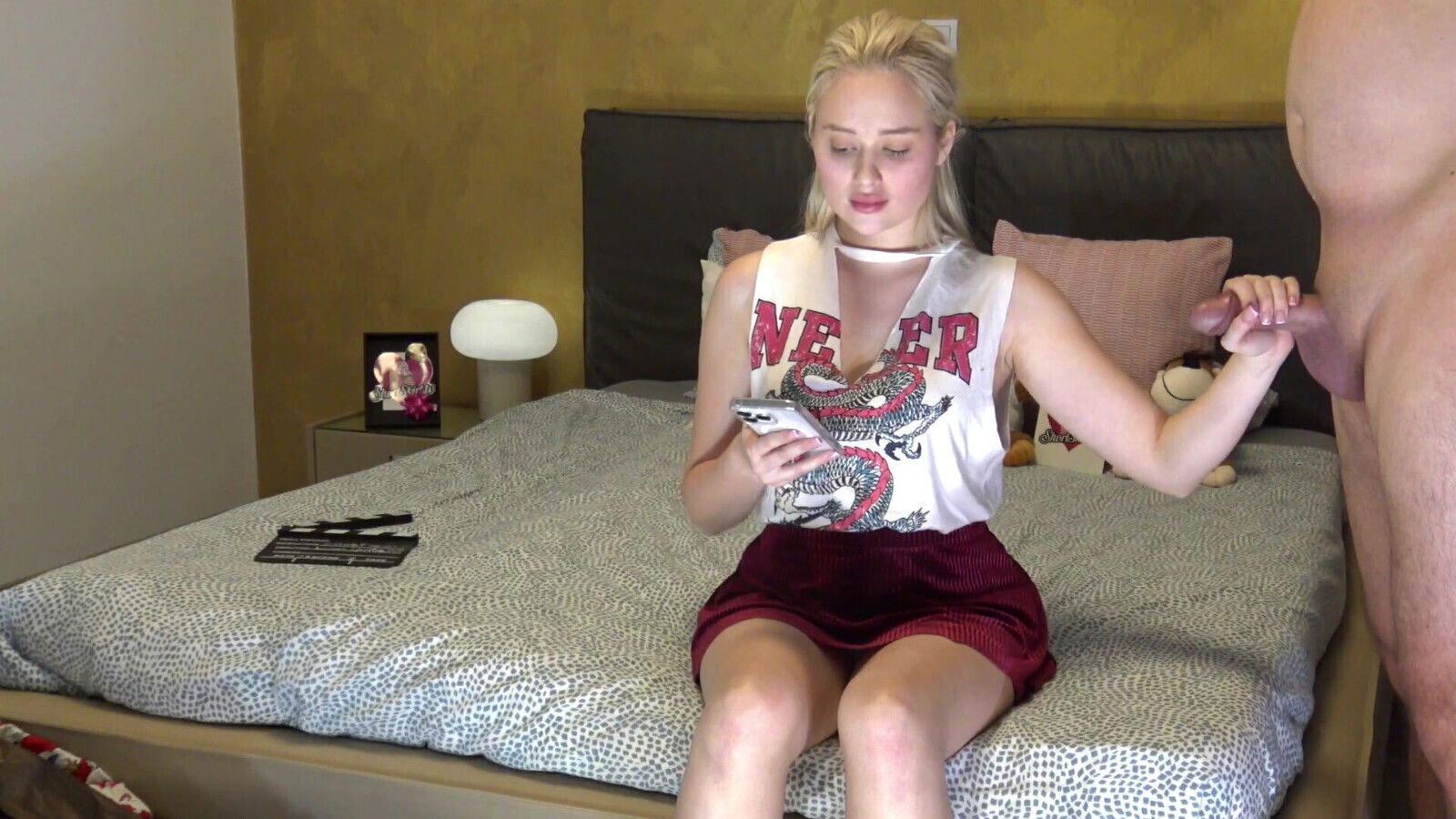 blonde fully clothed gives handjob teasing orgasm