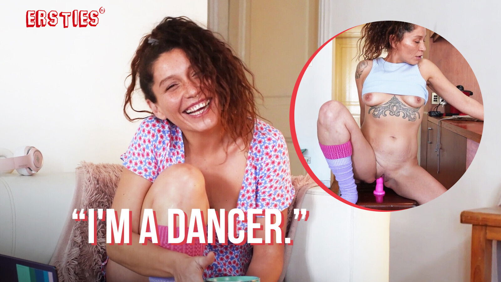 Ersties Sexy Dancer Slides Shaved Pussy Over Pink Dildo