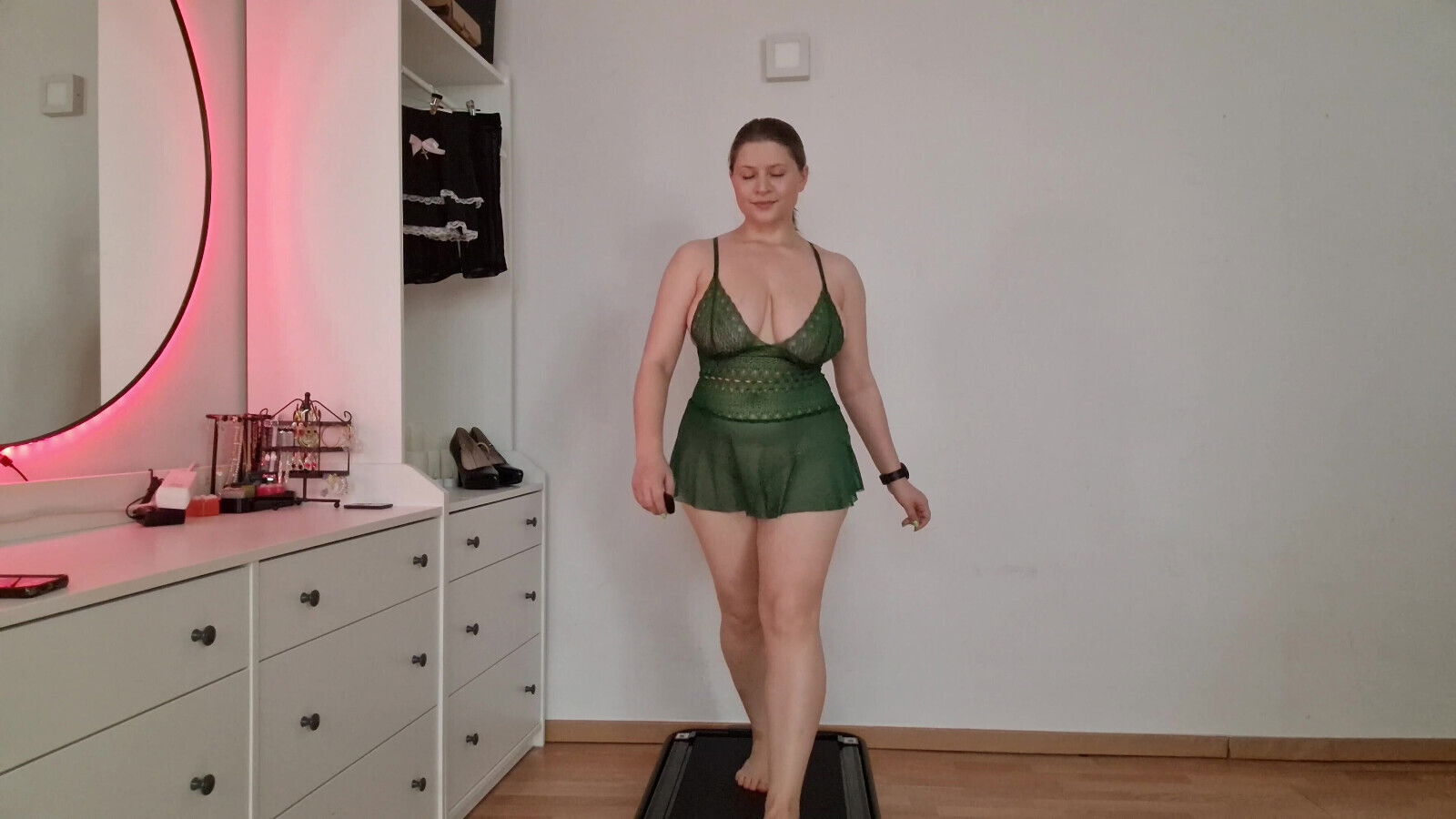 Treadmill Lingerie Tease Walking Cute Home Outfits with Bounce Jiggling