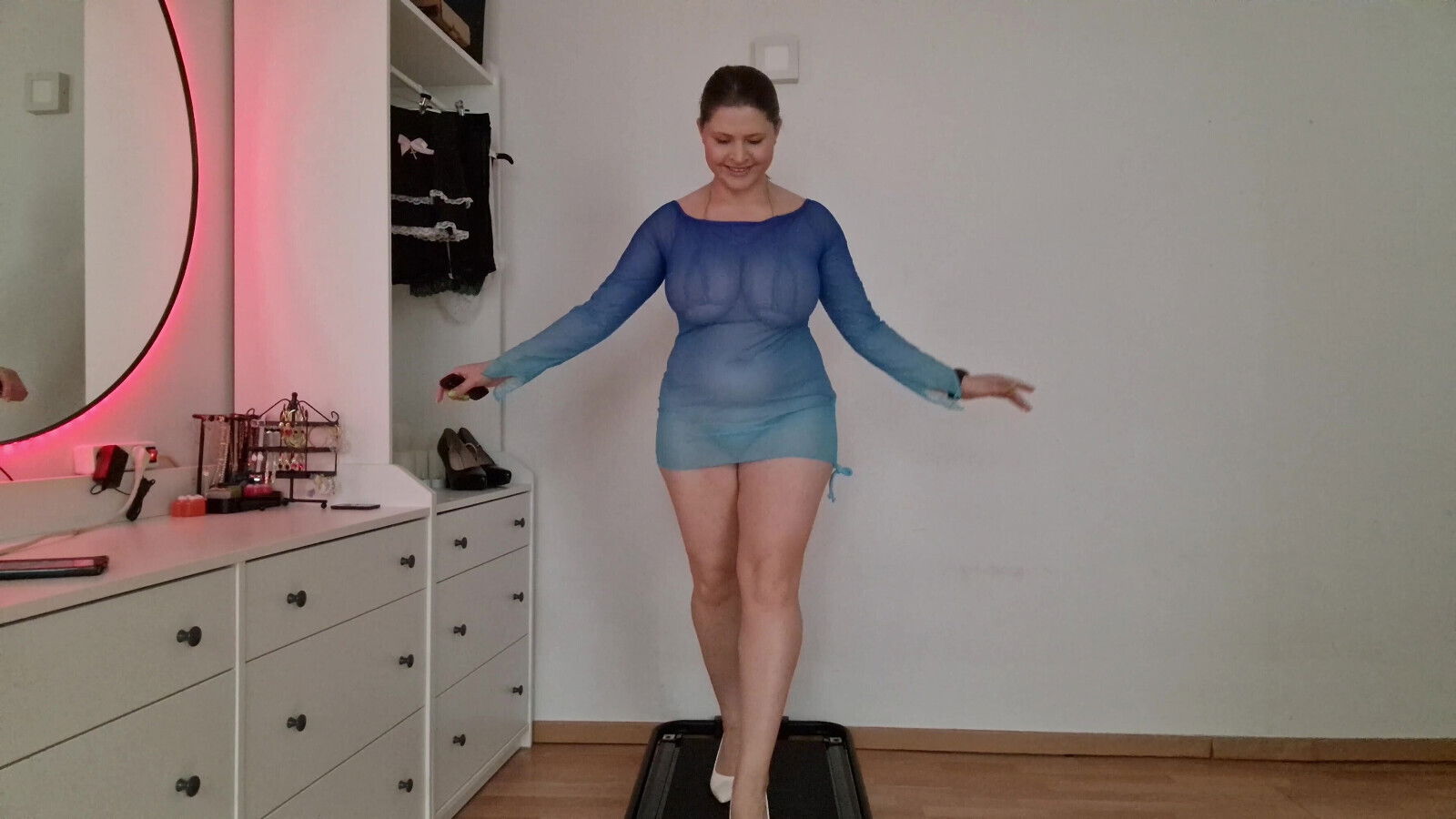 See-Through Beach Dresses Over Micro Bikini Heels, Jiggle Treadmill Tease