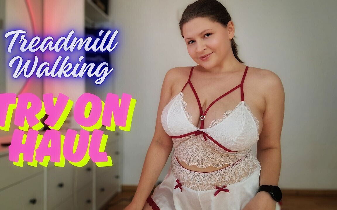 Treadmill Lingerie Tease Walking Cute Home Outfits with Bounce Jiggling