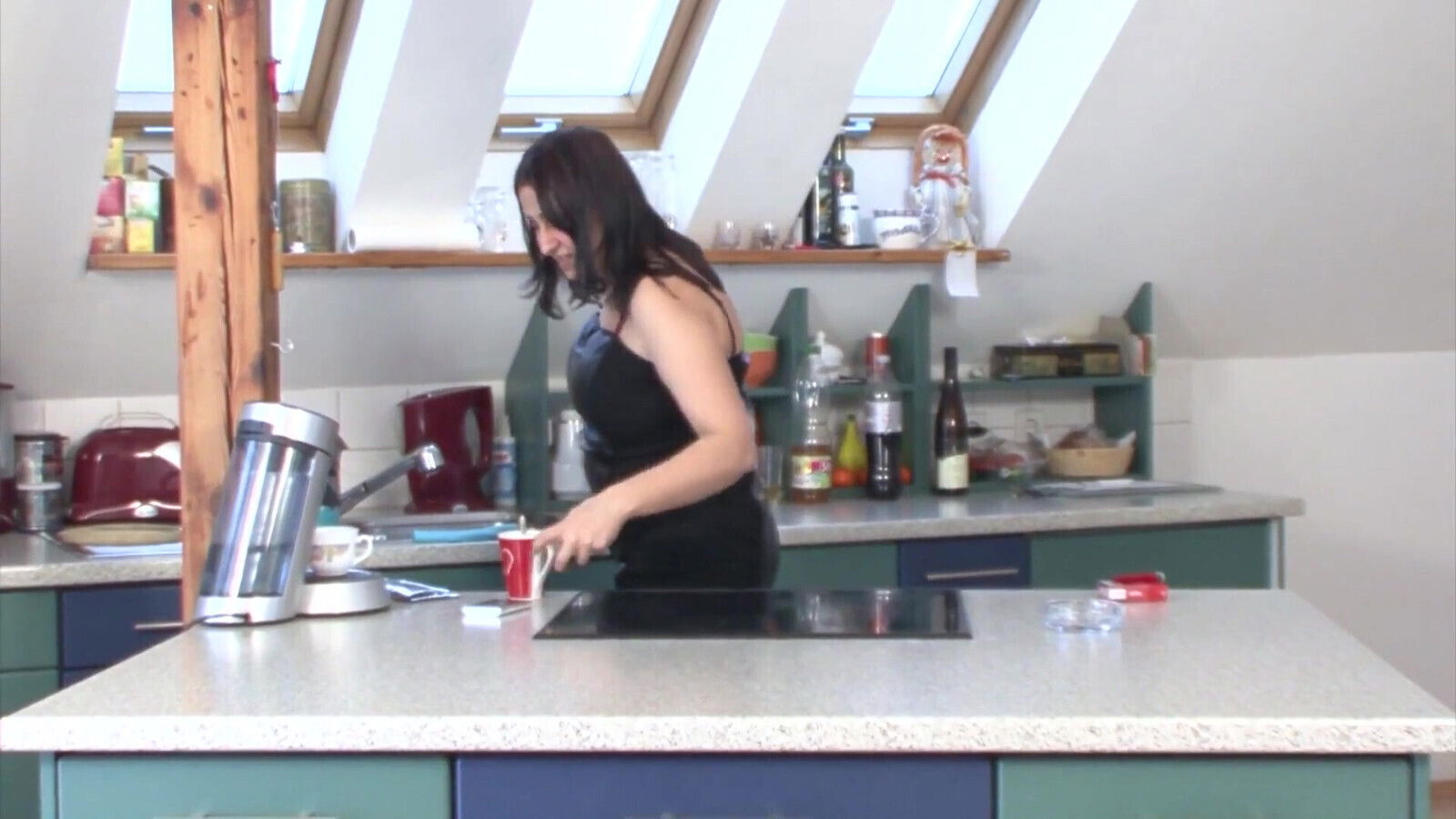 Brunette milf wild with lover table kitchen