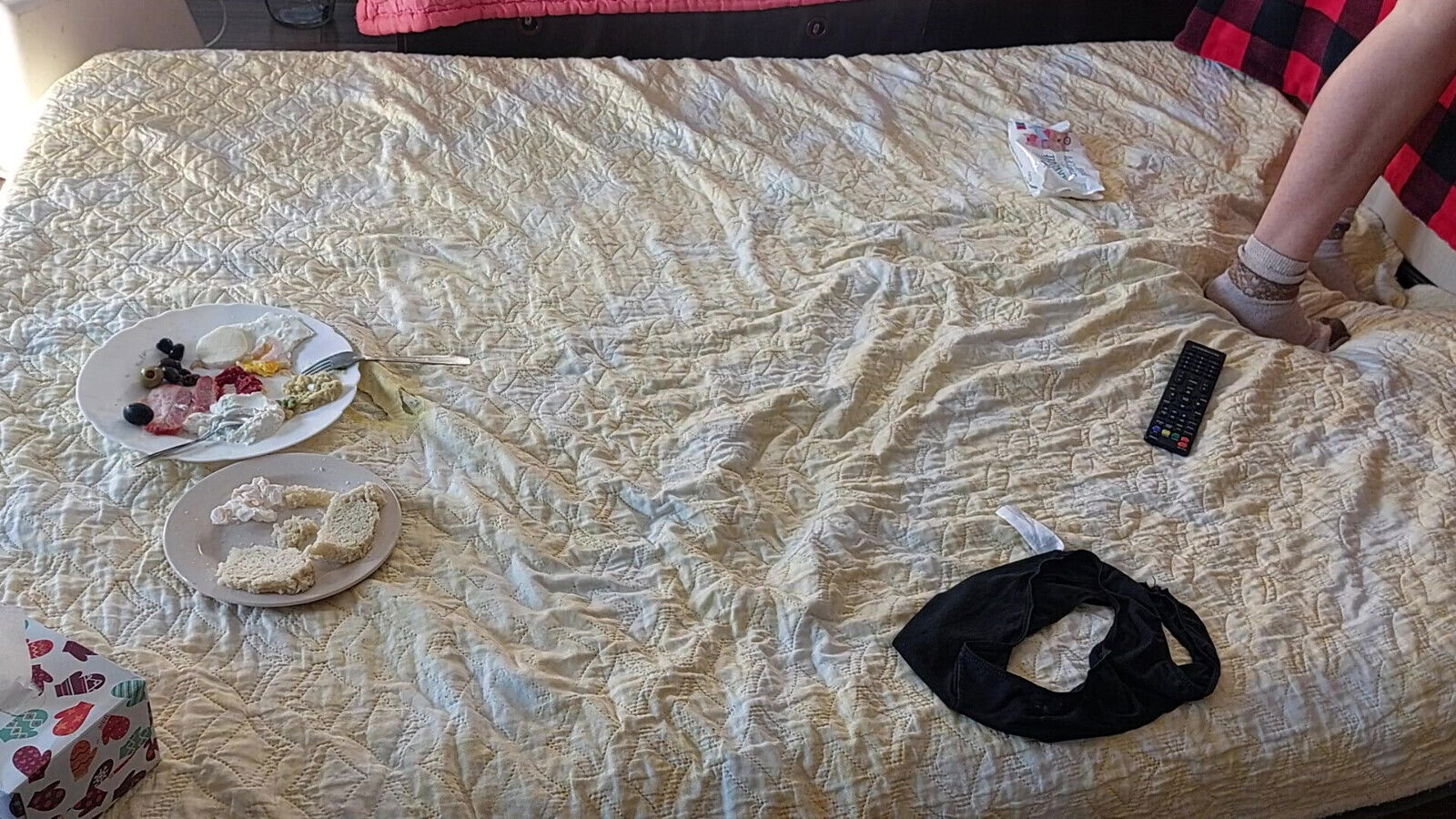 Amateur wife breakfast bedroom, hairy pussy, tits.