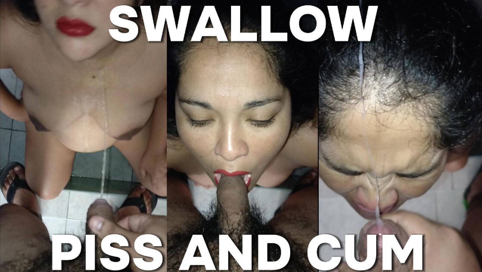 husband pisses mouth makes swallow bathroom