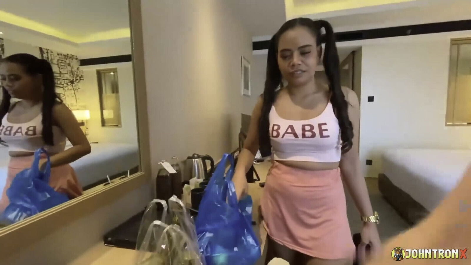 JohnTronX Sexy Asian with pigtails rides like machine style