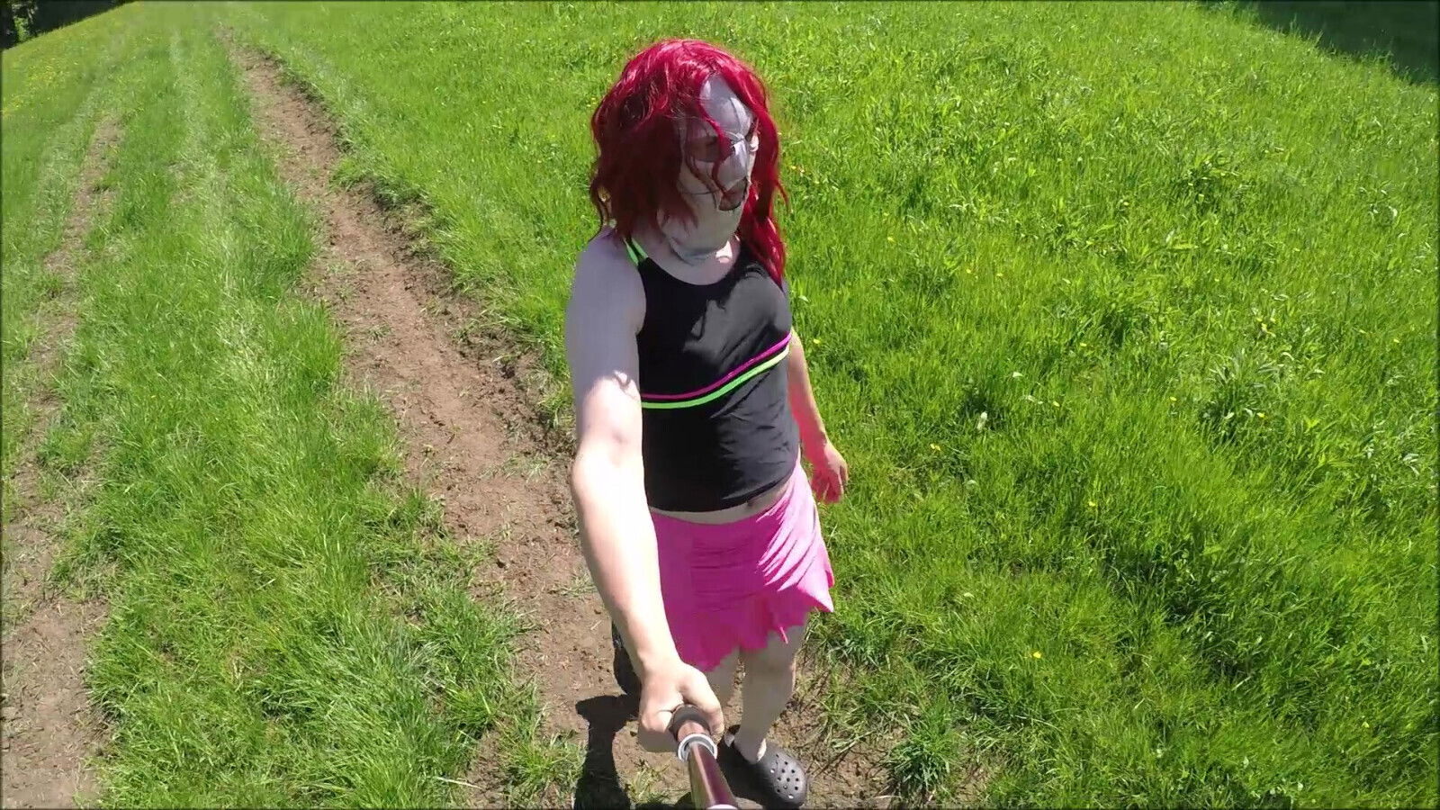 walk with pink dress. with ejaculation