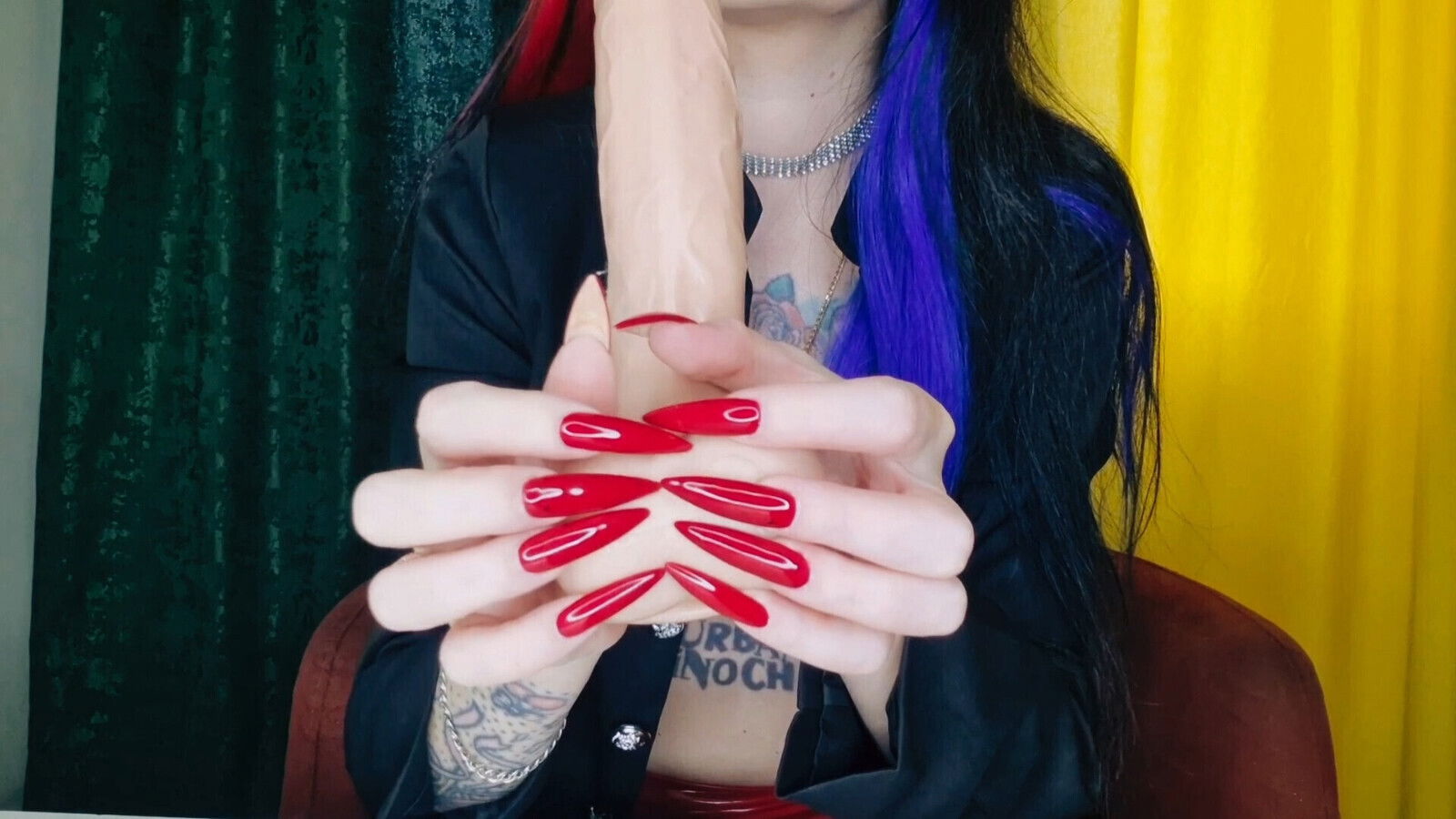 sharp long nails. Nail fetish shows dildo.