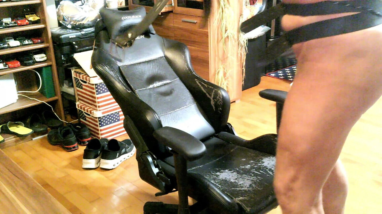 Torture tightly tied balls with electric shocks whip them with belt, then cum.