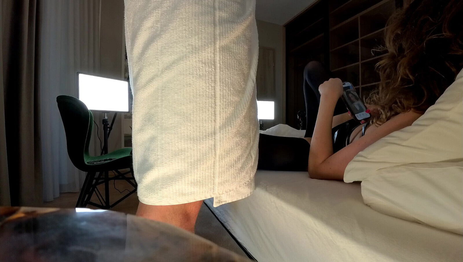 Incredibly horny girl black stockings leather dress teases without orgasm