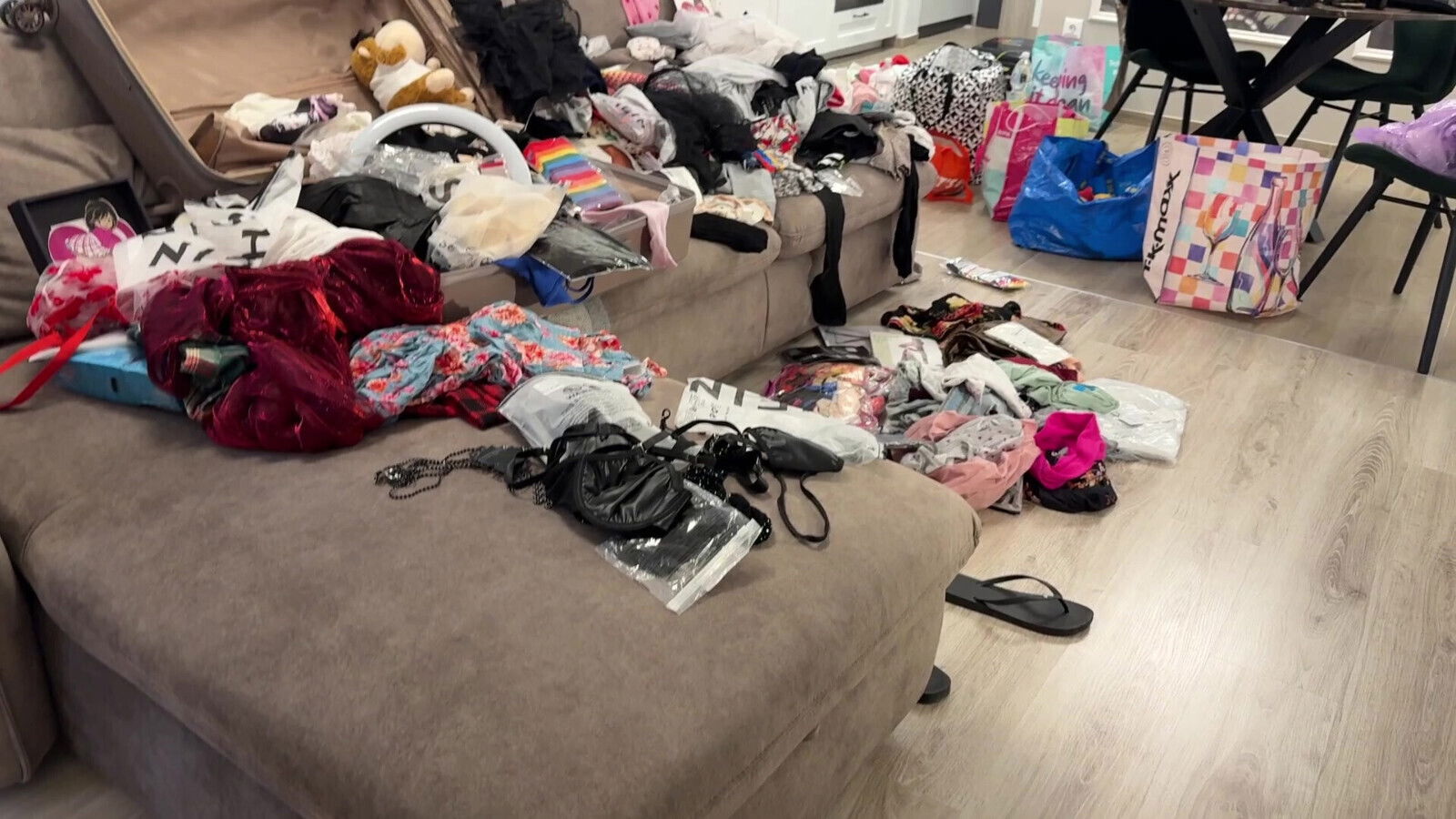 sexy skinny girl black stockings leather skirt plays with balls teases