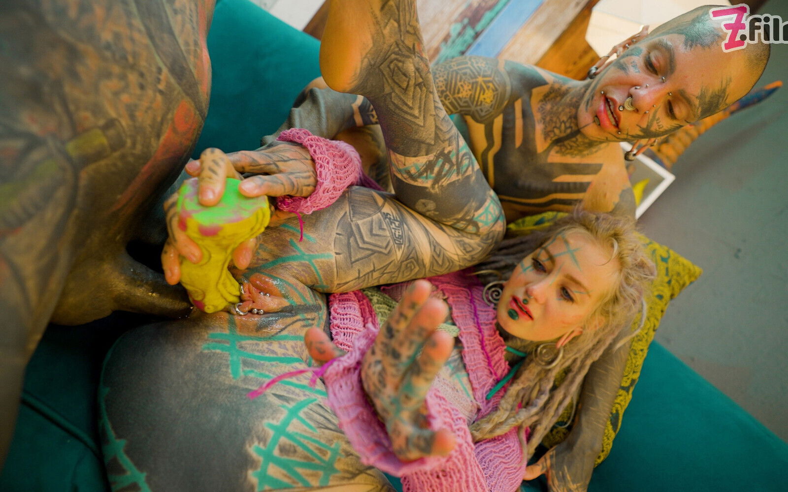 Trans Dark Leaves First Time Porn with Heavily Tattooed Couple. ATM, Facial