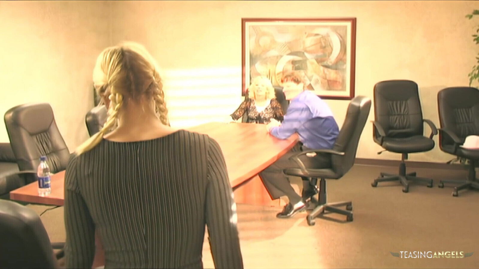 Instead getting angry employees banging blonde boss initiates threesome