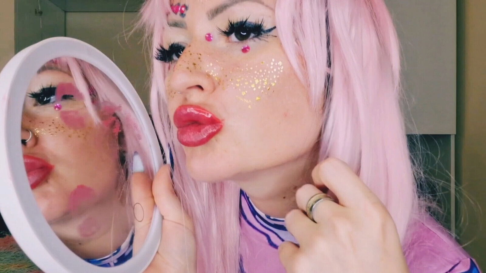 Kissing yourself mirror. Kissing fetish, fetish, lipstick fetish.