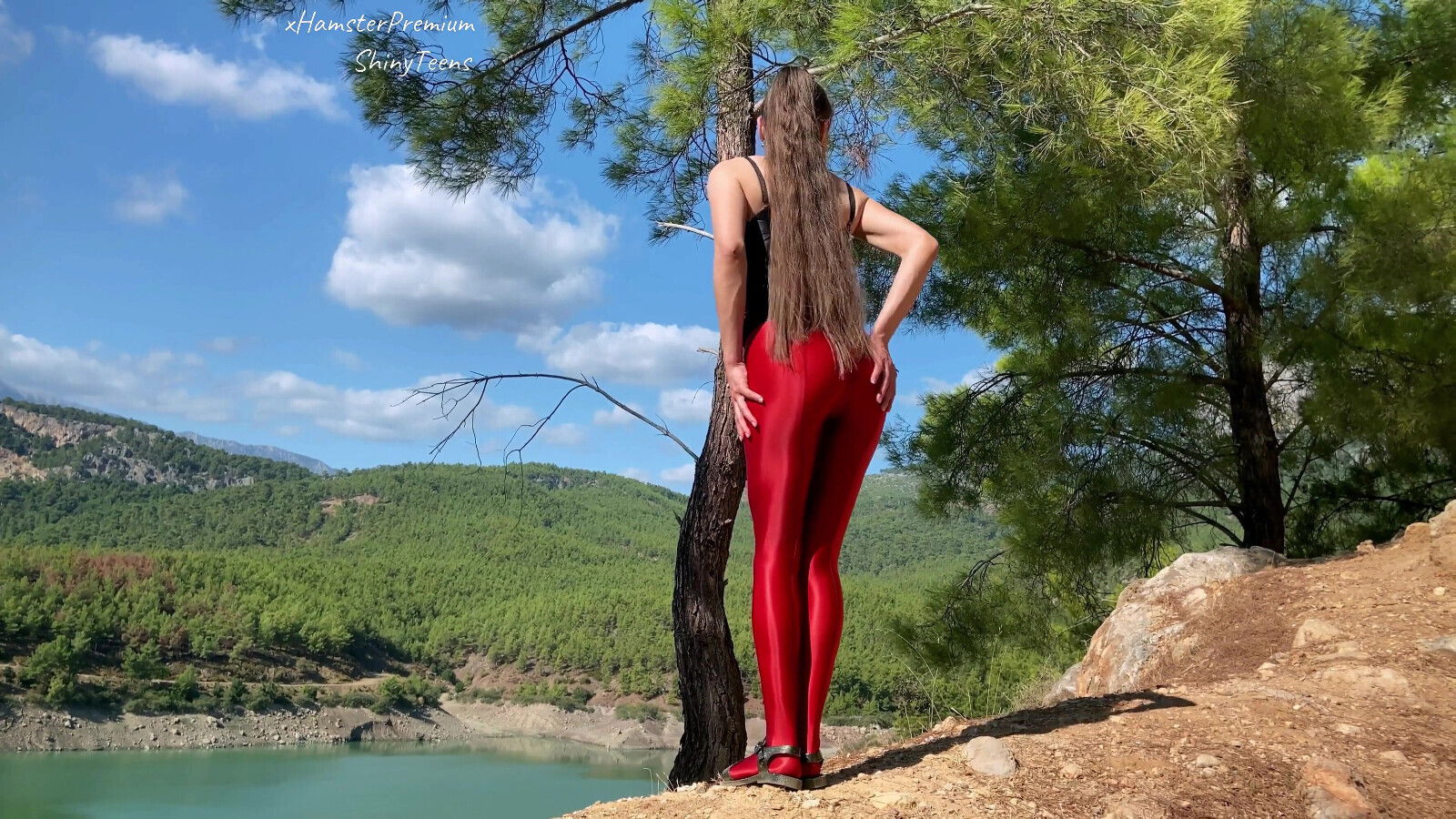 Shiny lycra pantyhose black microdress mountain