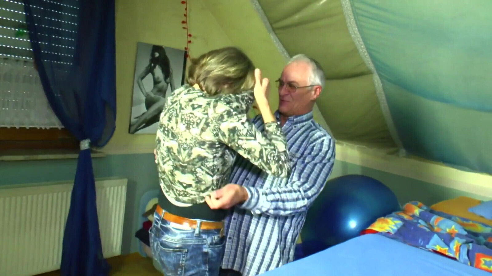 Blonde woman likes play with hubby with toys included