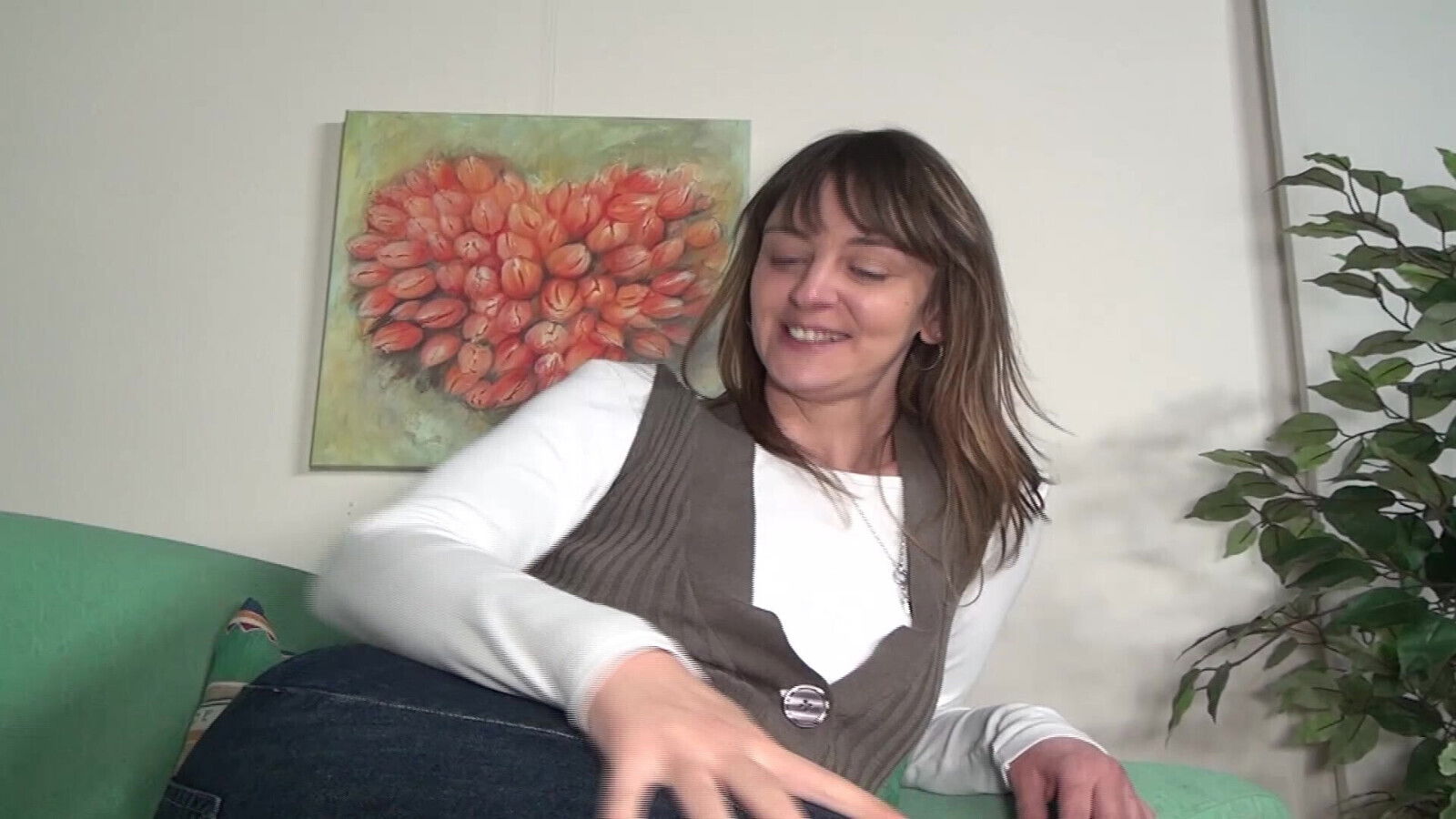 Horny German bitch plays with dildo front