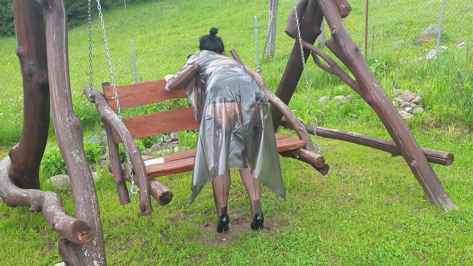 Raincoat, nylons with open nipples