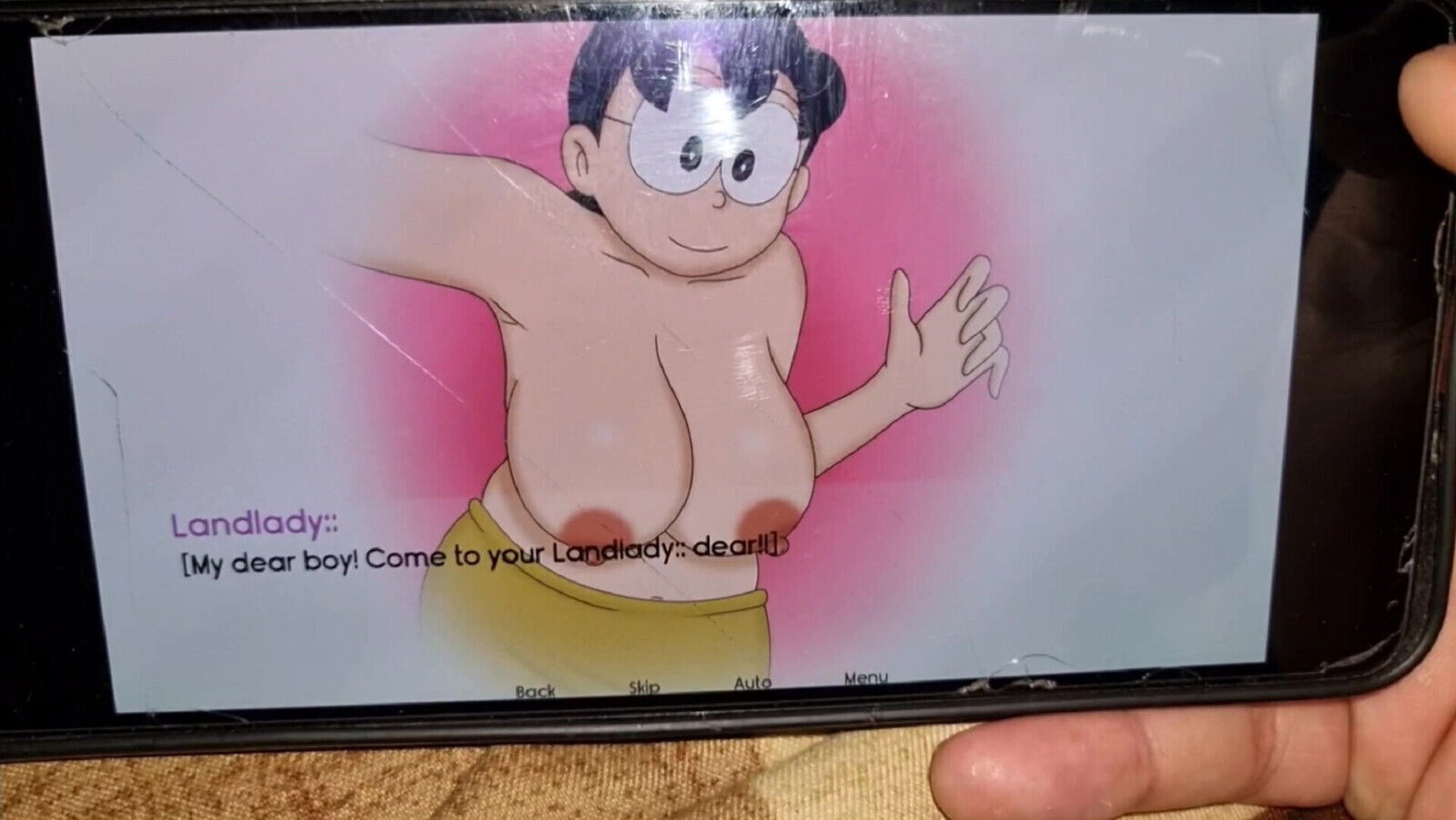 Nobita rubbed stepmother's breasts, drank water from while bathing.