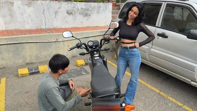 Cute Unknown Girl Asks Help with Motorcycle Some Maintena...