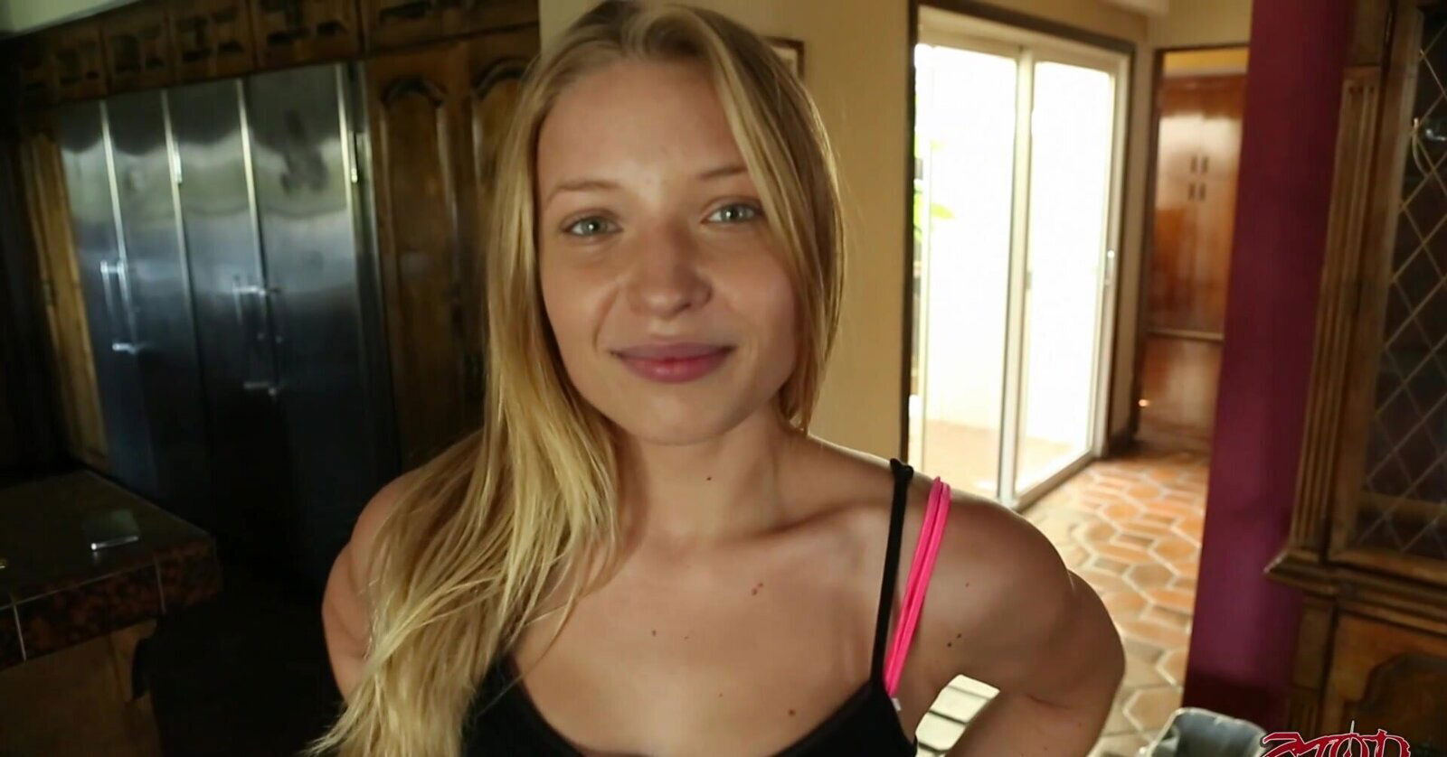 Beautiful woman with long hair Alyssa Branch gives blowjob have missionary position.