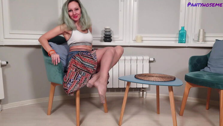 Blonde MILF Foxy Love Teases Sexy Pantyhose Solo