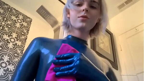 Blonde cosplay tgirl strokes shecock