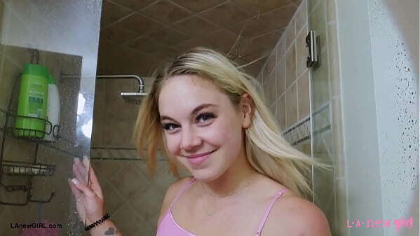 Blonde fashion model took shower