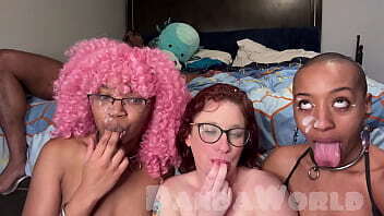 Redhead Slut Spit Roasted While Ebony Slut Helps Suck Triple Facial Finish!