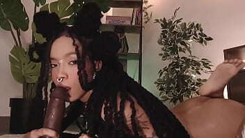 Sexy ebony teen riding sucking dildo