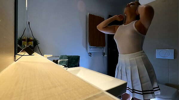 Super petite blonde cheerleader wears short miniskirt with through show flash pussy under short skirt