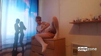 amateur housewife performs strip masturbation show while wearing lace, crotchless bodysuit