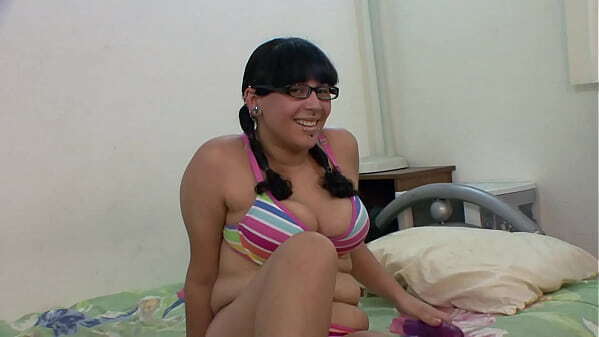 Chubby Brunette Glasses Rides Dildo