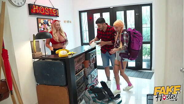 Fake Hostel Quicky with sexy girlfriend turns into threesome when busty MILF staff gets horny