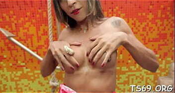 Kinky transsexual Bruna Santos blows then fucks