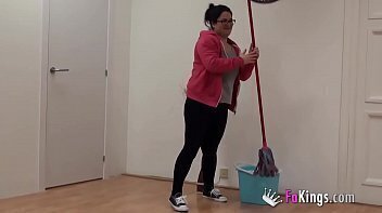 Cleaning lady tidying studios, Julius waiting