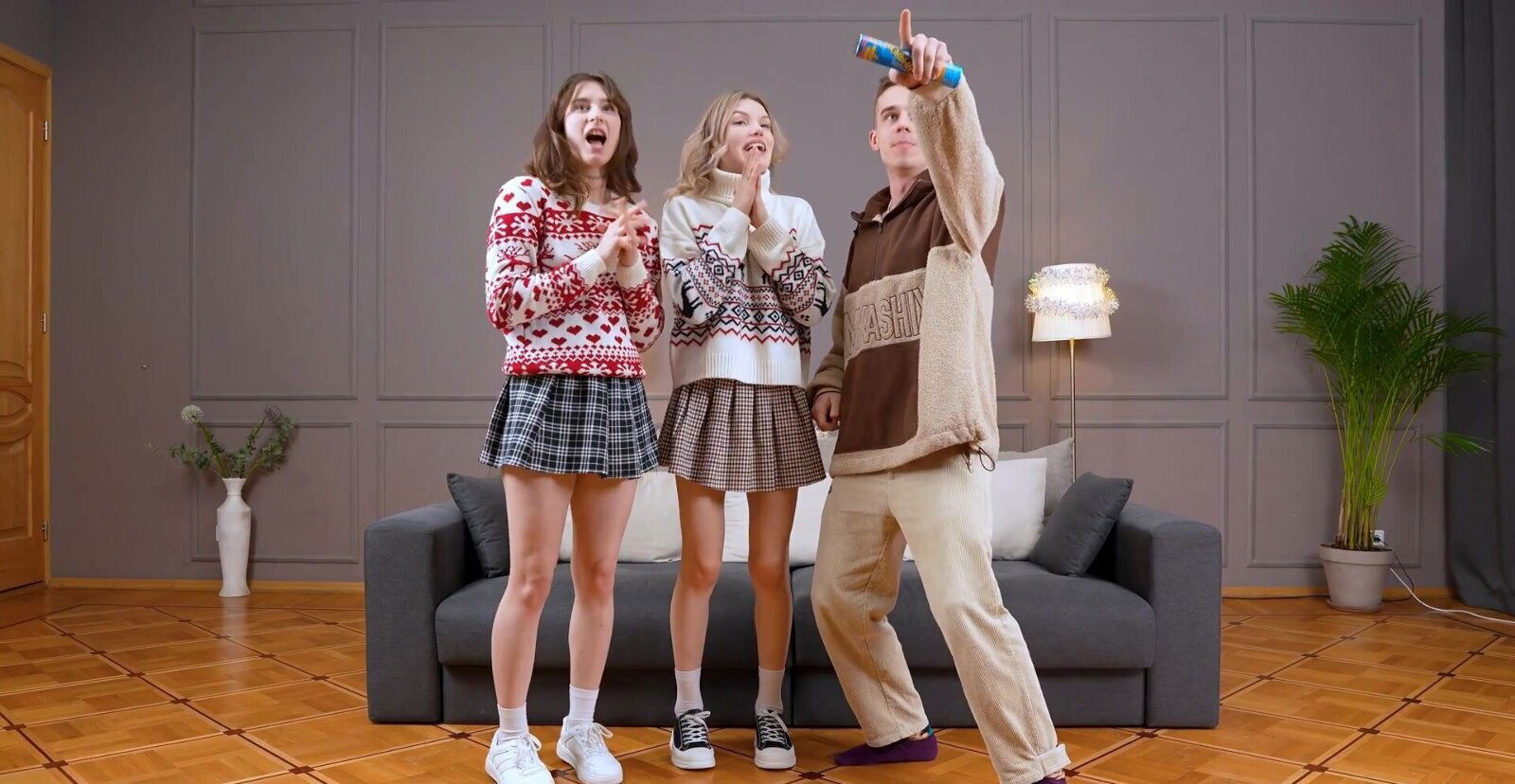 threesome with Milka Jane White wearing miniskirts socks