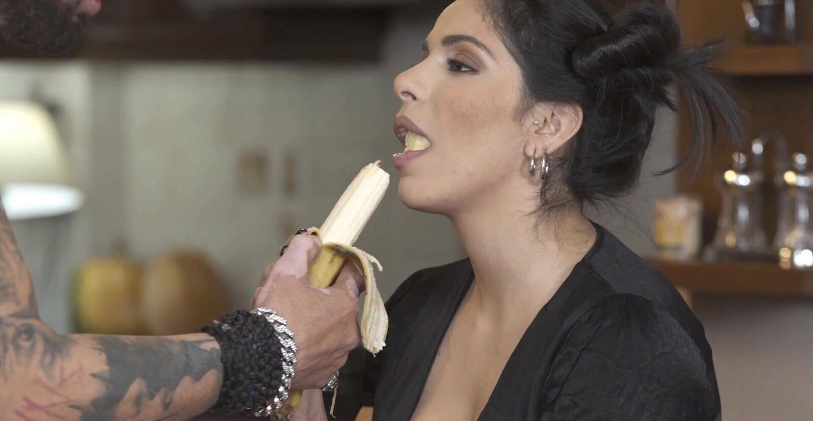 Naughty Clara Ortiz wearing black lingerie sucking dick