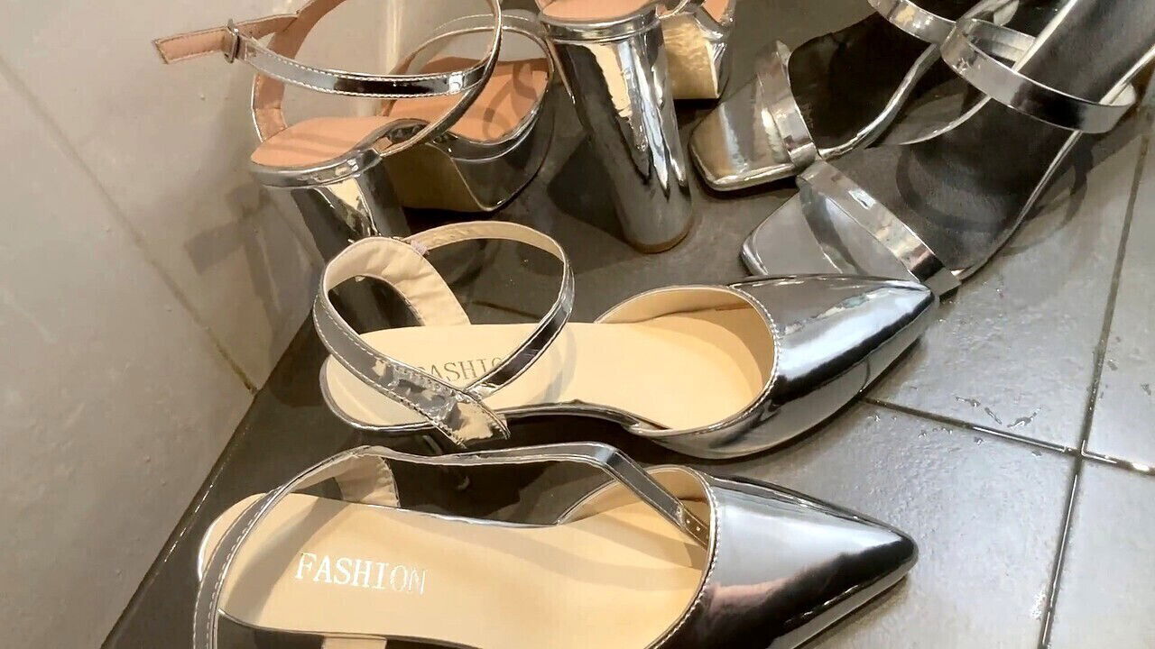 Fetishlover999 gets silver high-heeled slippers spandex pantyhose