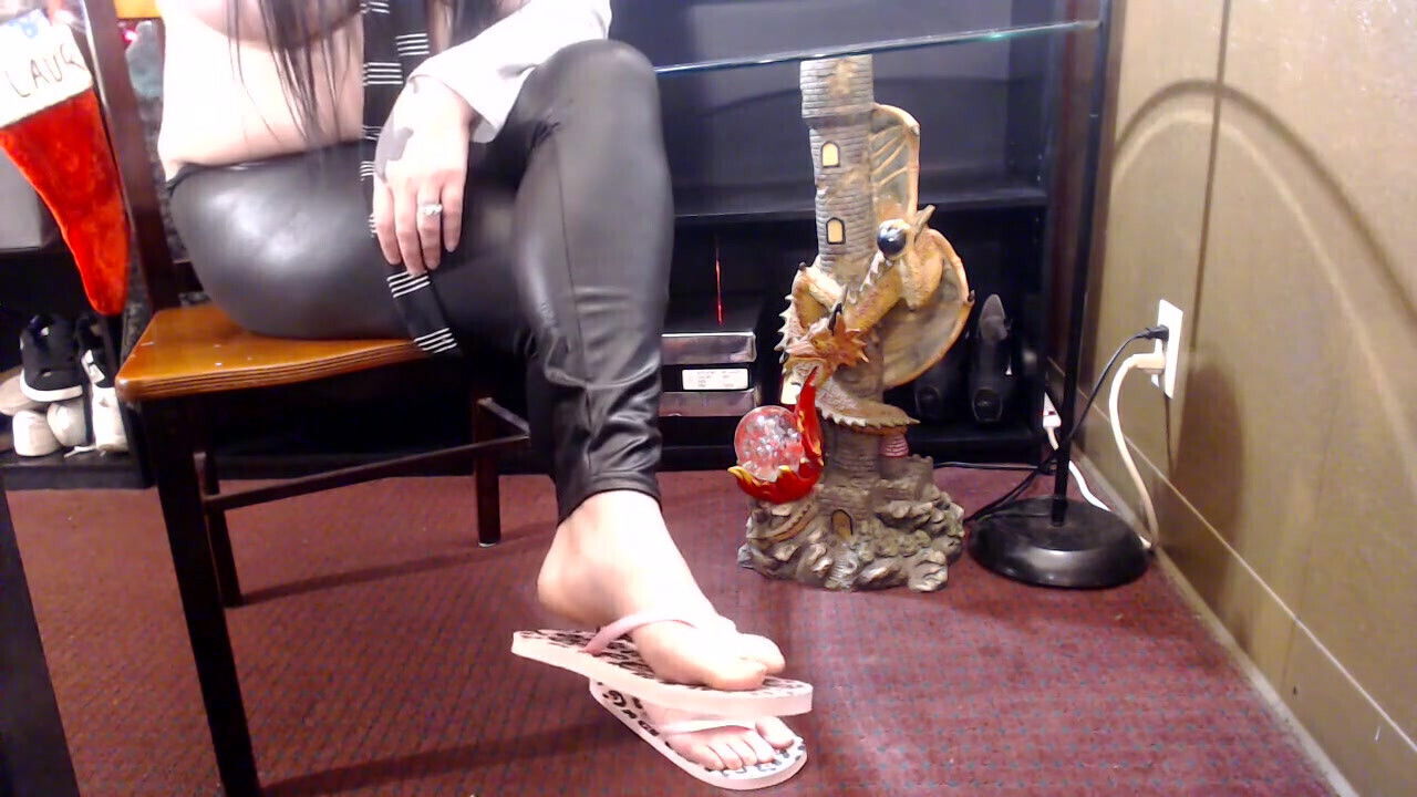 Flip flop shoe play leather pants