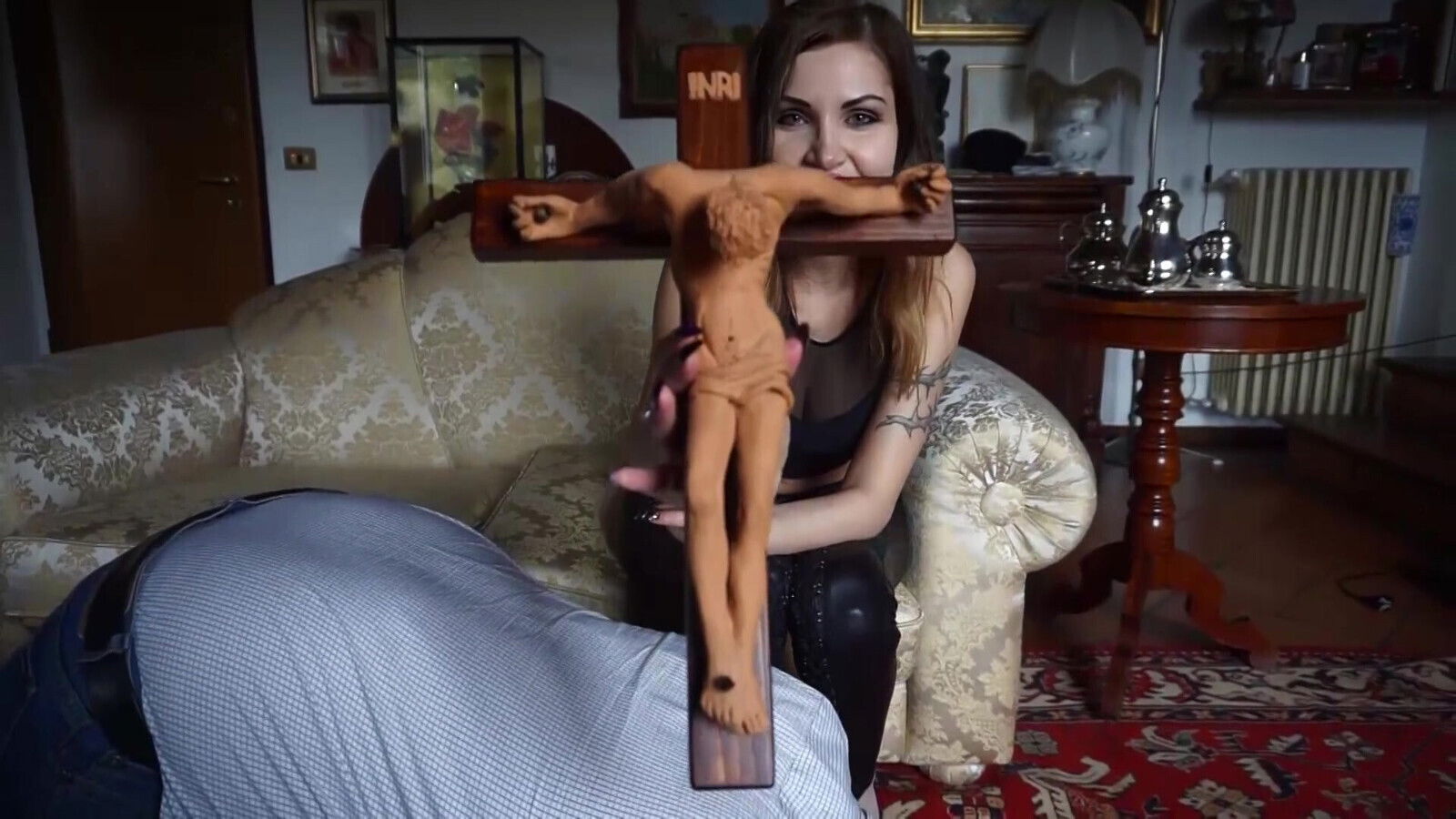 Femdom chick punishing masked slave