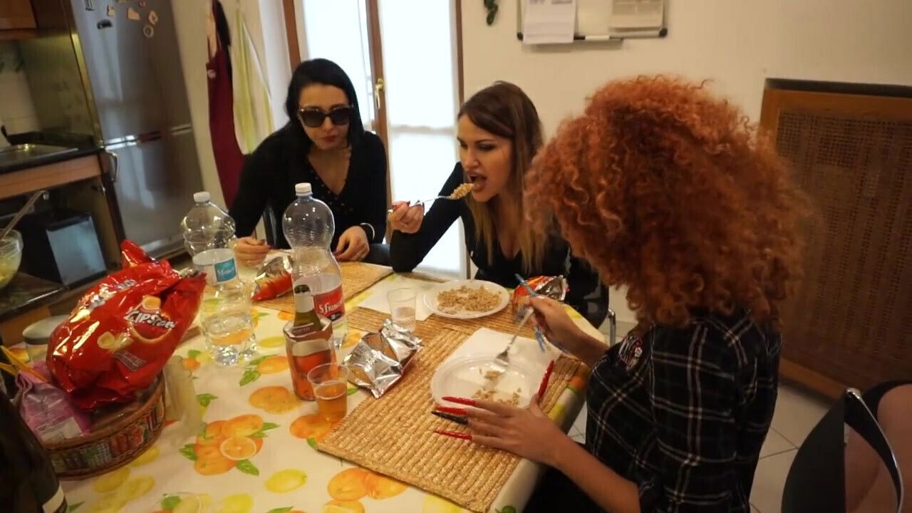 slave acts like pet, pickups food drop floor