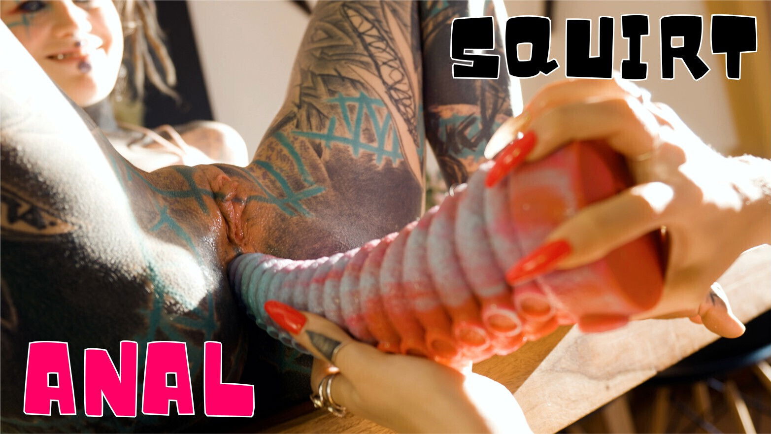 Goth Tattooed Lesbian's Dildo Stretch