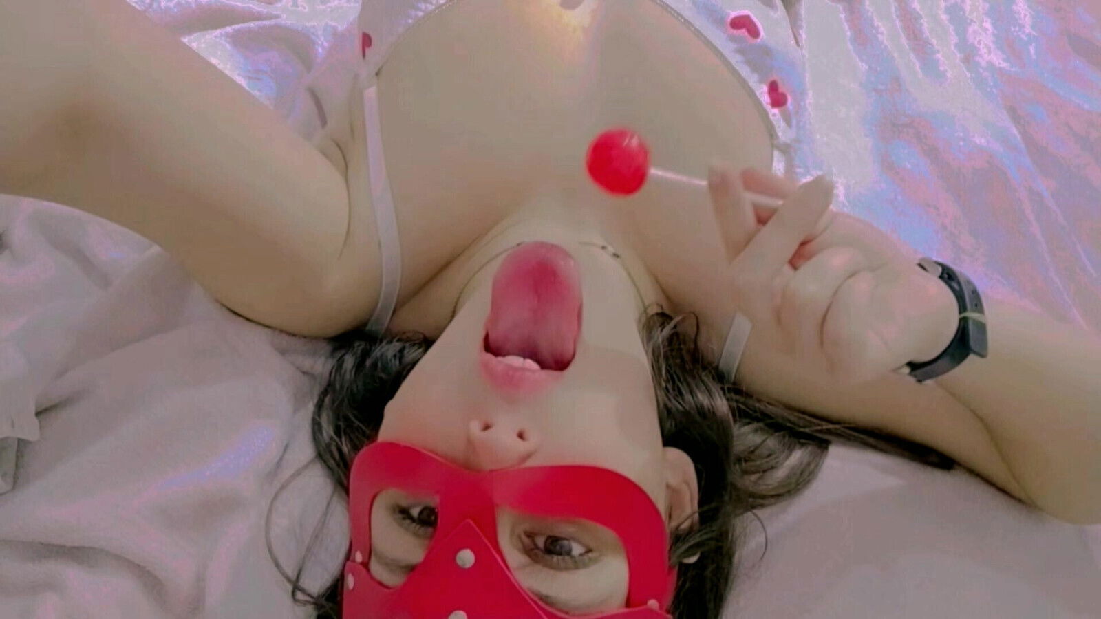 naughty student sucking lollipops wearing white lingerie touching herself