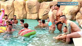 Pool party turns into crazy fuck fest! Twink Flynn Felix takes men, filled inside covered with sticky mess outside still begging more!